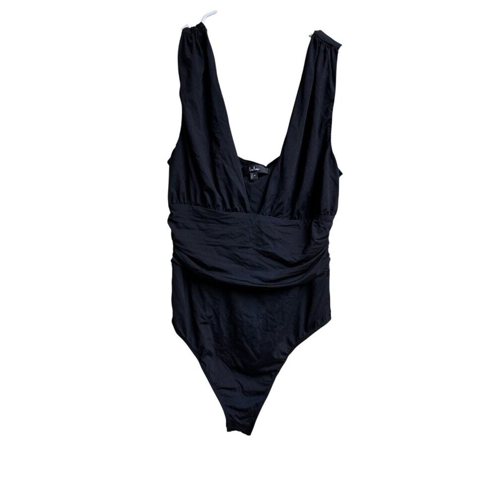 Lulus Black Plunge One Piece Swimsuit NWT Ruched Wrap Front Size M